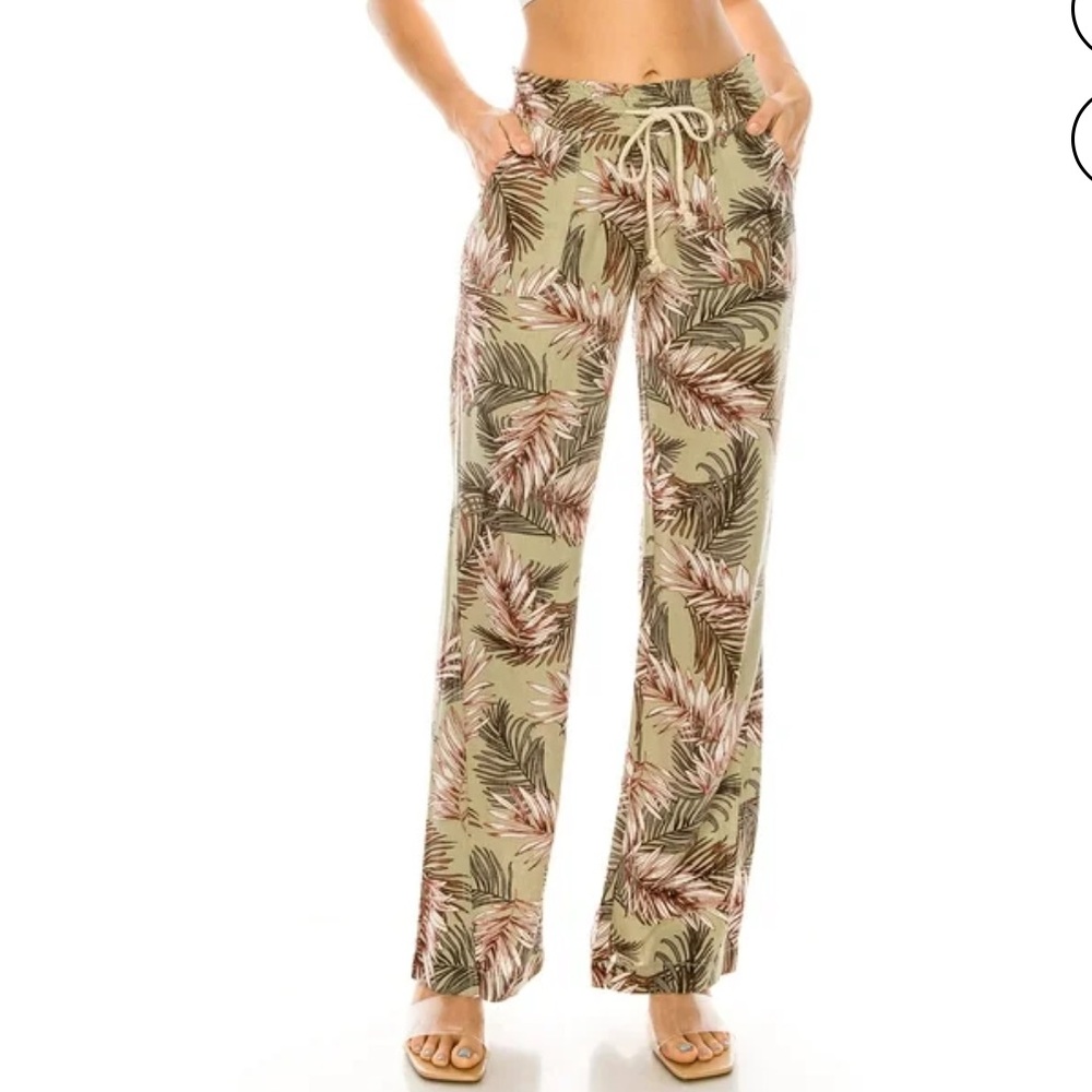 Cali 1850 Los Angeles Sage Green Tropical Print Linen Blend Women’s Pants Small